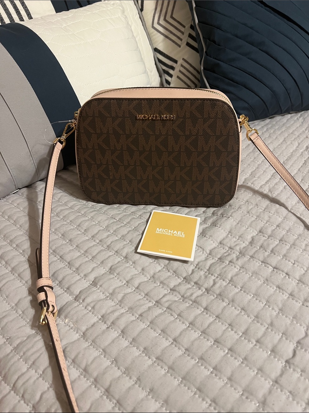 Michael Kors Brown Logo Crossbody with Pink Strap & Trim NWT